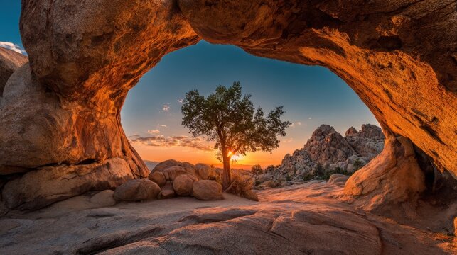 Dramatic desert landscape featuring natural rock arch formation with solitary tree at sunset. - Powered by Adobe