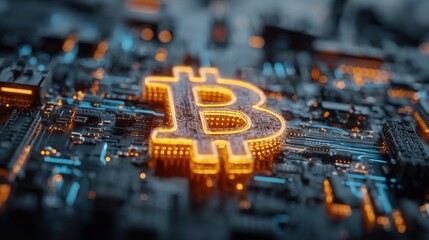 Glowing Bitcoin symbol on a digital circuit board representing cryptocurrency technology.