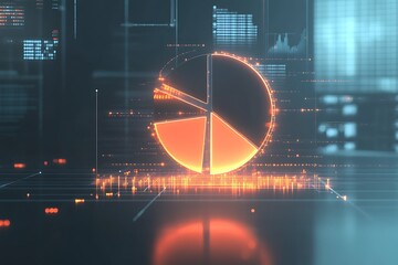 Floating digital pie chart with segmented data points and glowing lines in a minimalist business environment