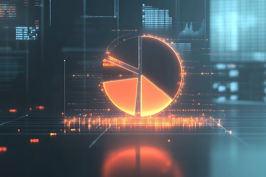 Floating digital pie chart with segmented data points and glowing lines in a minimalist business environment
