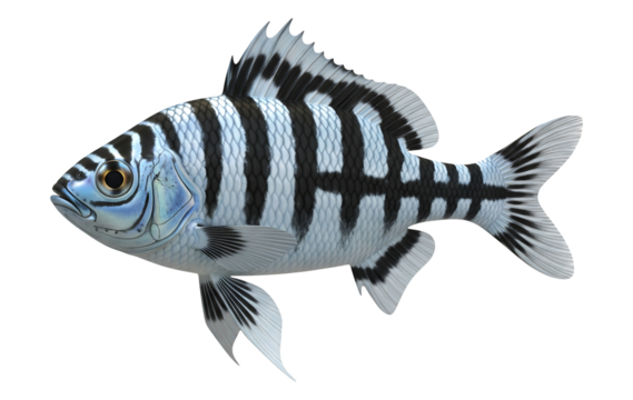 Striped convict cichlid fish image for aquarium pet fish species identification guide on transparent background