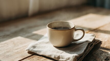 Cozy ceramic coffee cup steaming hot beverage on rustic wooden table with cloth.