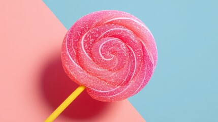 Colorful pink and yellow spiral lollipop with sugar crystals on pastel background.