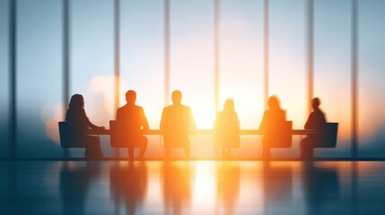 Business meeting in modern office conference room with large windows at sunset.
