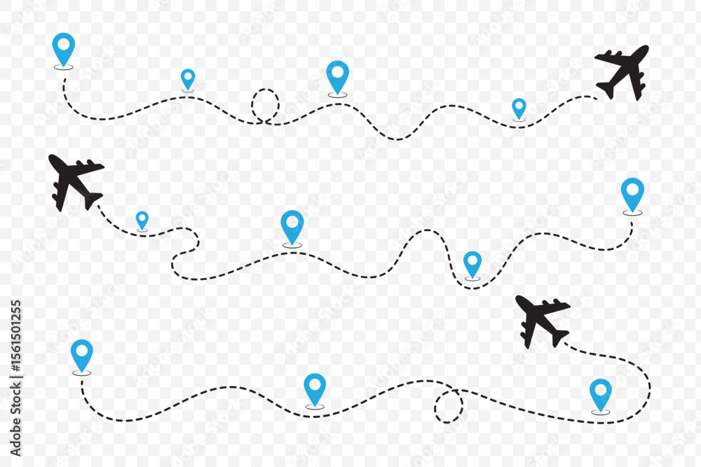 Poster airplane line path icon of air plane flight route with start point and dash line trace.