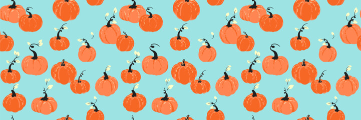 Seamless vector pattern with playful orange pumpkins and decorative leaves on a vivid blue background. Template for autumn, Thanksgiving, fall wrapping paper, and seasonal textile design