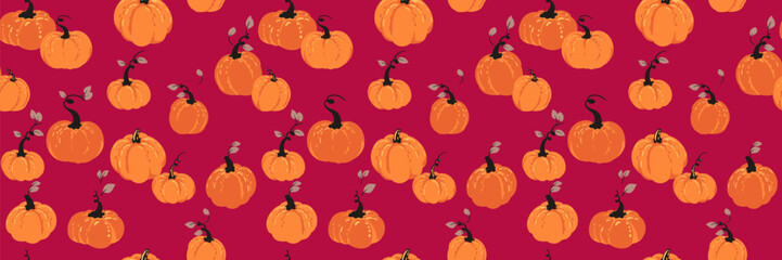 Seamless vector pattern with playful orange pumpkins and decorative leaves on a burgundy background. Template for autumn, Thanksgiving, fall wrapping paper, and seasonal textile design