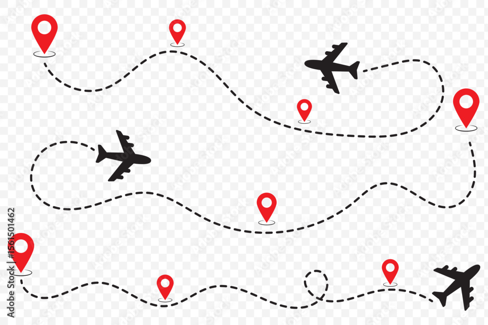 Poster airplane line path icon of air plane flight route with start point and dash line trace.