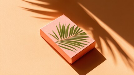 Elegant pink notebook with green palm leaf shadow on soft peach background.