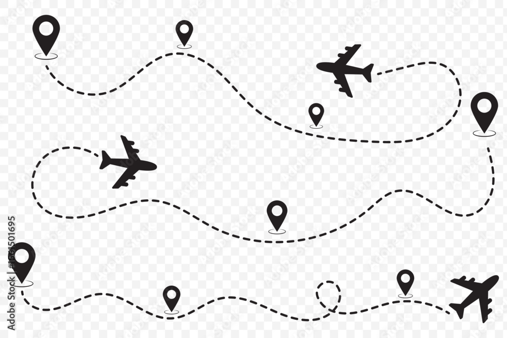 Poster airplane line path icon of air plane flight route with start point and dash line trace.