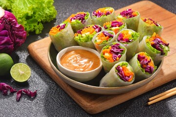 Vietnam Spring Roll. Vietnamese spring rolls, summer spring rolls, or salad spring rolls, a traditional dish in Vietnamese cuisine consisting of pork, shrimp, vegetables, bún, and other ingredients wr