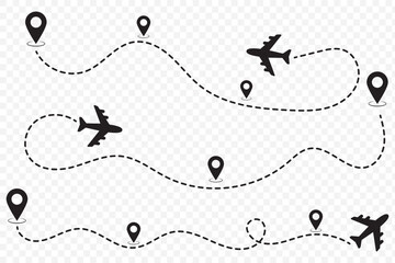 Airplane line path icon of air plane flight route with start point and dash line trace. 