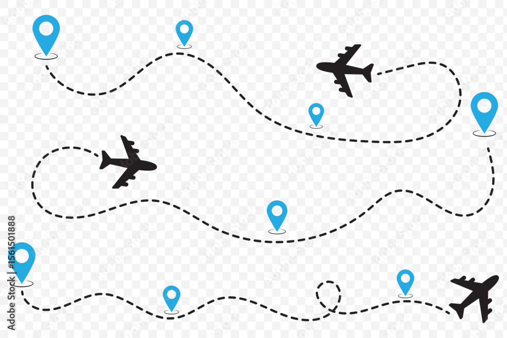 Poster airplane line path icon of air plane flight route with start point and dash line trace.