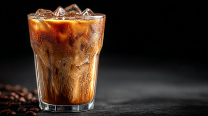 Iced coffee in a glass with coffee beans on a dark surface against a black background studio shot
