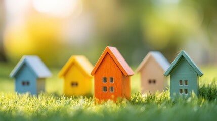 Colorful miniature wooden houses lined up on lush grass with blurred background.