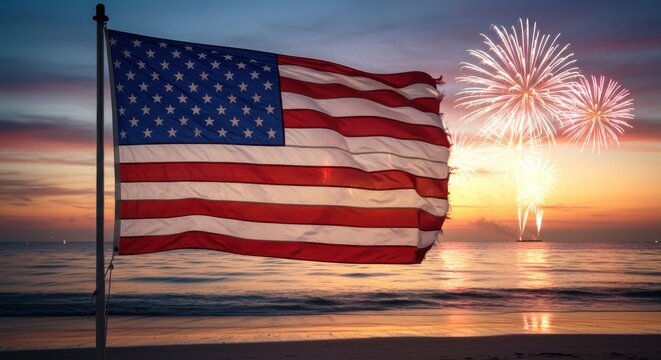 Patriotic American flag waving at sunset beach with vibrant fireworks display; Independence Day celebration.