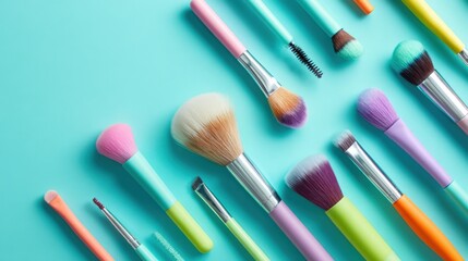Naklejka premium Vibrant Makeup Brushes Set with Colorful Handles and Soft Bristles for Cosmetics.