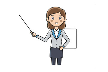 Classroom Educator: A vibrant illustration portrays a cheerful teacher, standing poised and holding a pointer, ready to deliver an informative and engaging lesson with a whiteboard
