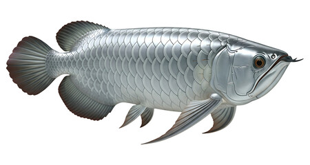 Obraz premium Silver arowana fish close up portrait for aquarium pets and exotic fish species guide on transparent background