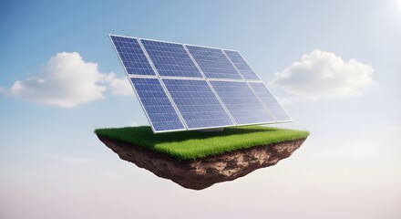 Solar panels on a floating island, illustrating sustainable energy and environmental responsibility against a soft blue sky and fluffy clouds.