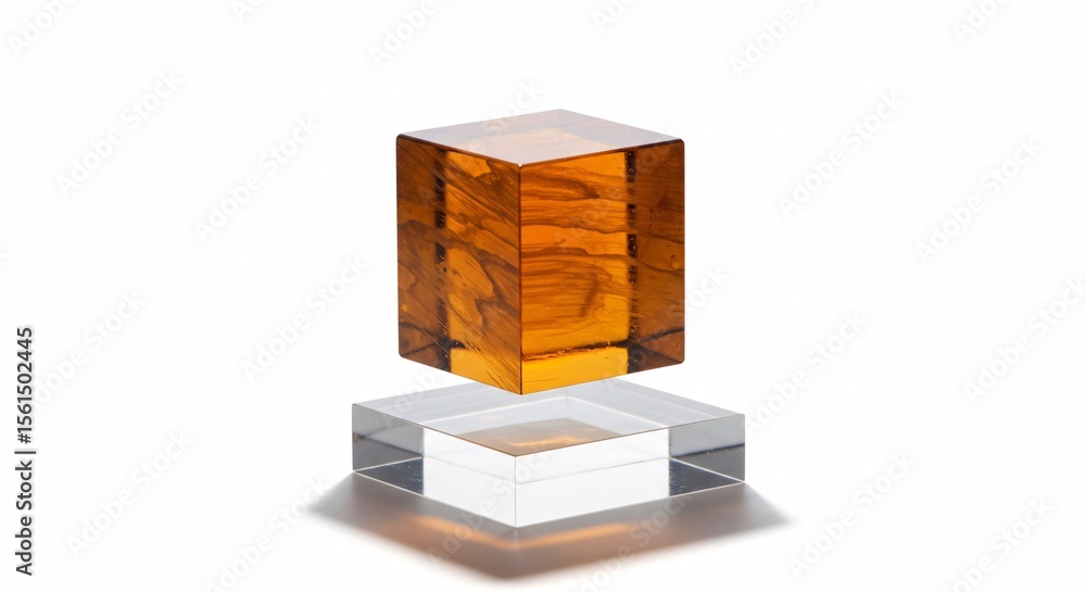 Poster amber cube floating above the transparent cube on a white surface with shadows