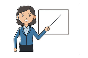 Instruction's Image: The Confident Educator: An illustrated, elegant female educator, pointing towards a blank whiteboard, radiates confidence and knowledge in a setting