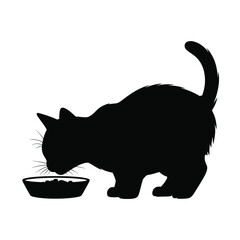 Black silhouette of a domestic cat eating from a food bowl on a white background