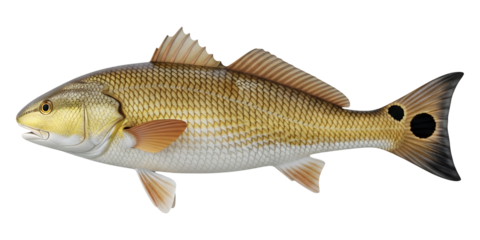 Red drum fish illustration, sciaenops ocellatus, saltwater gamefish species image on transparent background