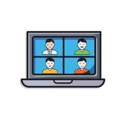 Remote Work. Video conference icon. Monitor screen divided into 4 avatar faces. collaboration. isometric design style