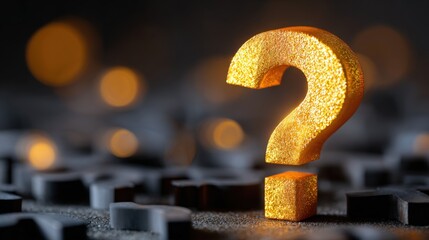 Golden question mark standing on a black textured surface illuminated by blurred glowing lights.