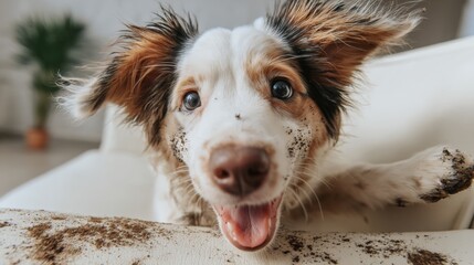 Adorable playful dog with colorful fur and expressive eyes resting indoors.