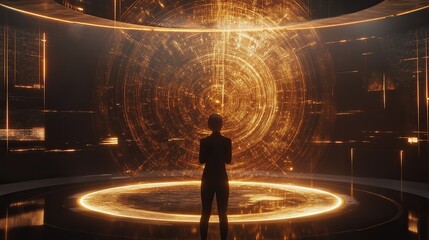 Futuristic Hologram Interface with Person in Sci-Fi Control Room