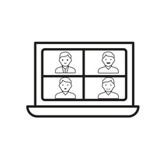 Remote Work. Video conference icon. Monitor screen divided into 4 avatar faces. collaboration. outline design style