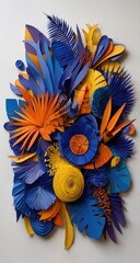 Vibrant paper cut floral arrangement in blues, oranges, and purples