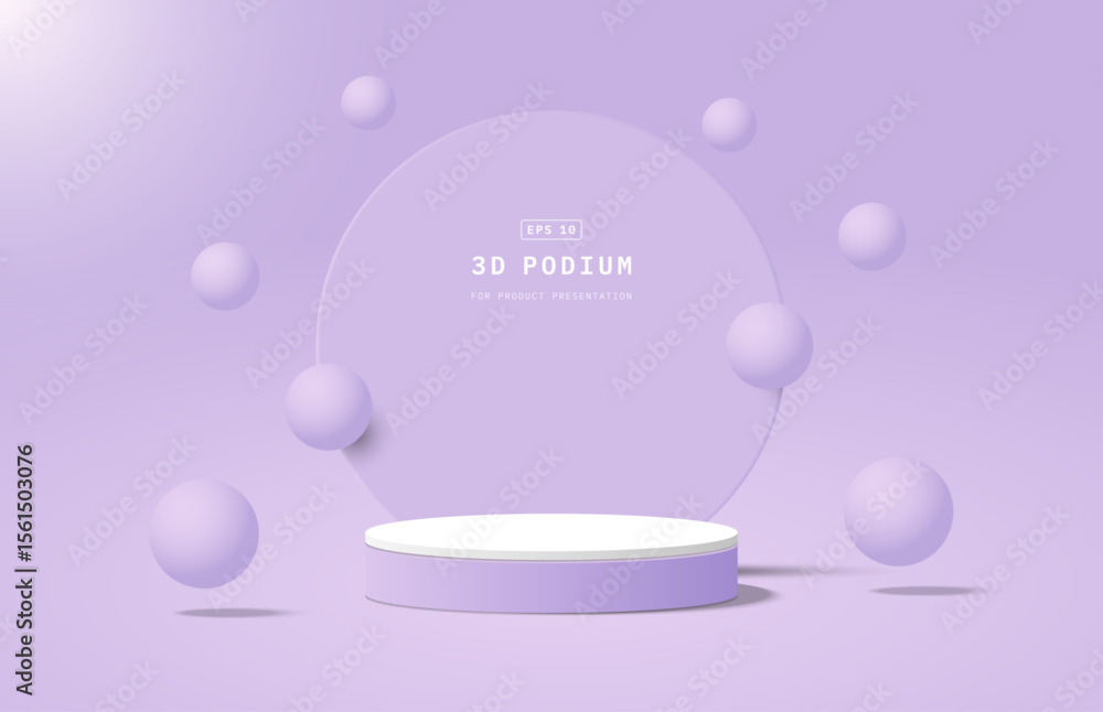 Poster abstract white purple 3d cylinder podium pedestal with circle shape and sphere balls floating or bou