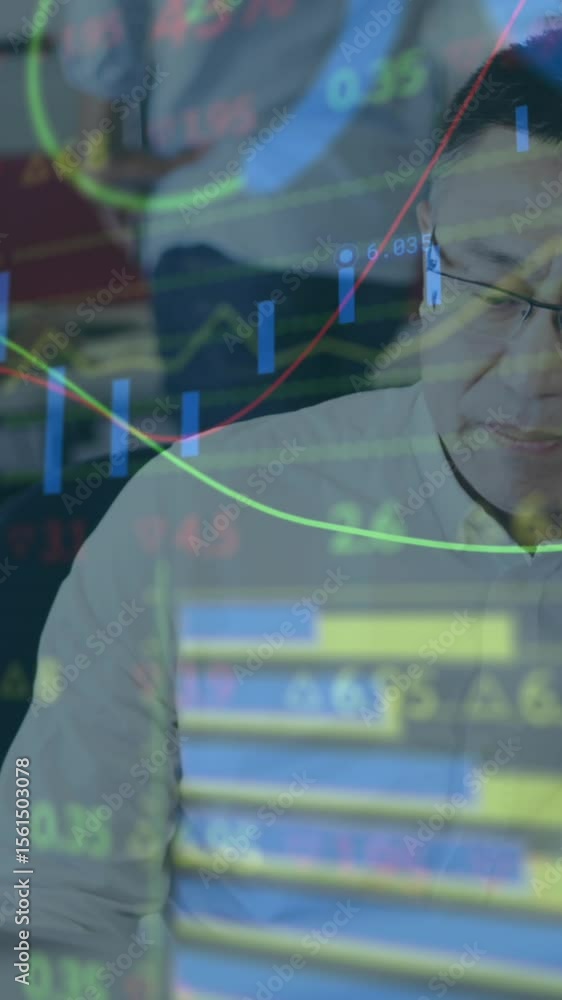 Poster animation of interface showing data and statistics with businessman on phone in office
