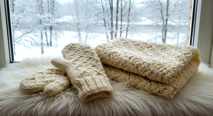 Cream-colored knitted mittens and blanket on faux fur, winter window background; cozy, warm, hygge aesthetic.