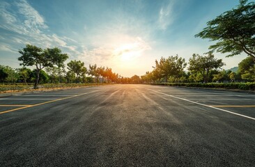 Fototapeta premium Beautiful, empty asphalt parking lot with a green park landscape background in the morning. Blue sky and sun, captured with a wide-angle lens. 