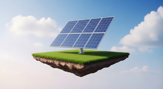 Solar panel installation sits atop a small island floating in the sky, representing clean energy and sustainability for the future.
