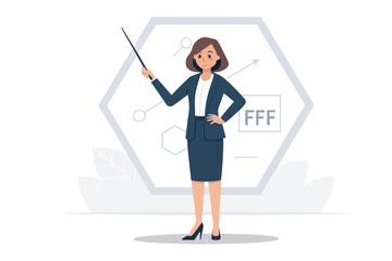 Business Presentation: A poised woman presents confidently, wielding a pointer in front of a geometric display board, symbolizing strategic growth.