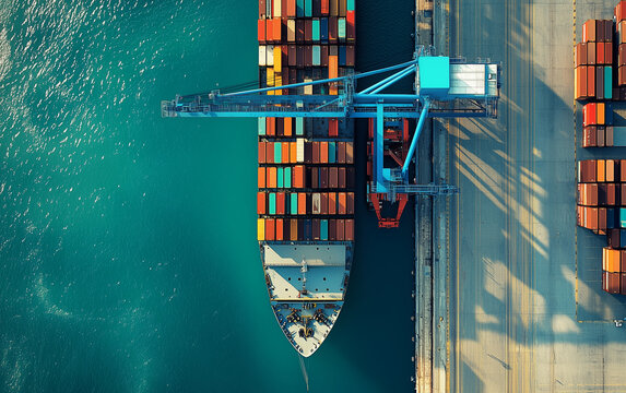Aerial view of a container ship being loaded at a port with a large crane