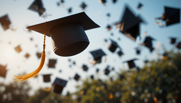 Graduation caps are thrown against a bright blue sky, showcasing success, achievement, and the joy of academic accomplishment.