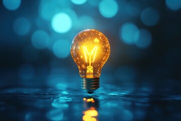 yellow glowing bulb levitating in surreal blue environment, representing breakthrough idea