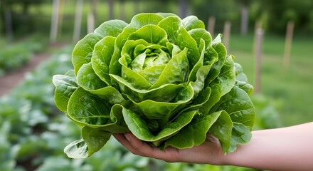 Fresh green romaine lettuce head displayed in a hand against a backdrop of a healthy garden, showcasing vibrant produce grown locally.