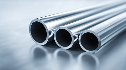 Fototapeta premium Close-up of three shiny metal pipes with smooth surface and open ends on reflective surface.