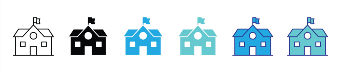 the learning fortress icon set. contain symbolic icon of education, knowledge hub, institutional excellence from schoolhouse to university thin line and color style icon. vector illustration