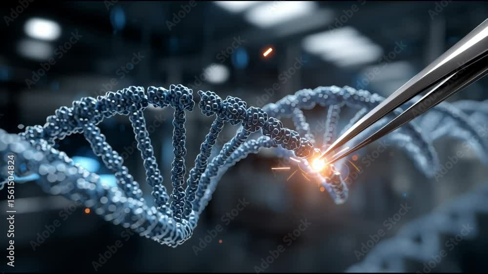 Poster a close up of a dna strand with a pair of scissors cutting it