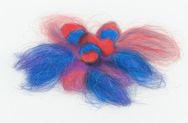 Abstract cluster of red and blue strands, resembling a flower or a cluster of objects