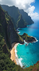 Kauai Hawaii Na Pali Coast Top-Down View of Dramatic Lush Green Cliffs and Hidden Beaches