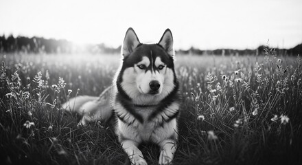 Majestic husky lying in a meadow at sunset. Perfect for pet lovers, dog-themed designs, pet industry marketing, outdoor adventures promotion, canine health awareness.